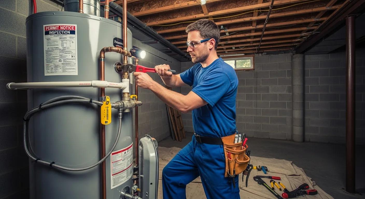 Professional plumber ensuring safety and code compliance during water heater installation