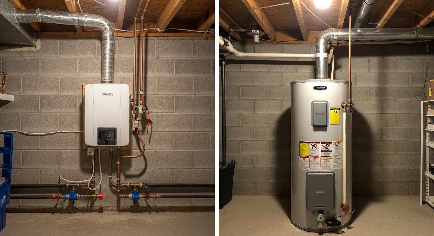 Comparison of tankless and traditional water heater installations highlighting space and installation differences