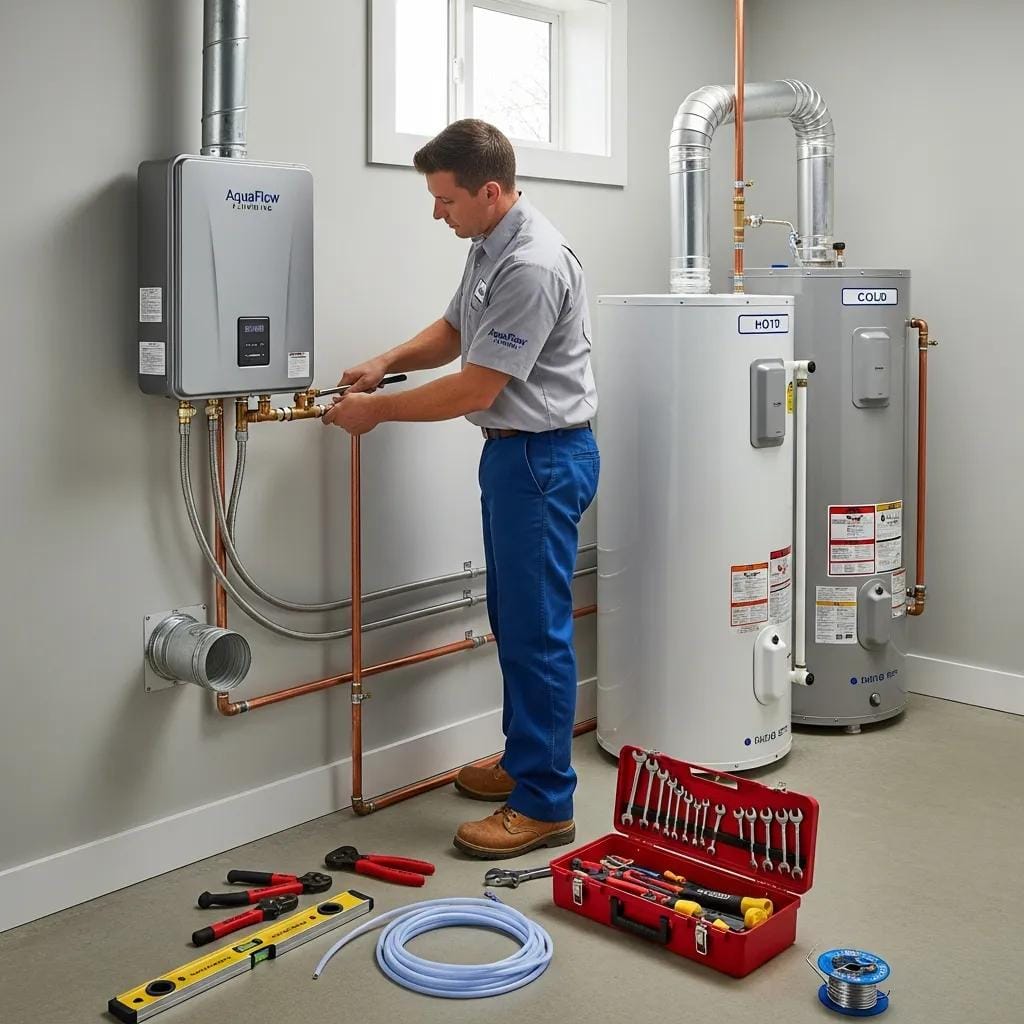 Modern water heater installation showcasing tankless and traditional models in a home setting